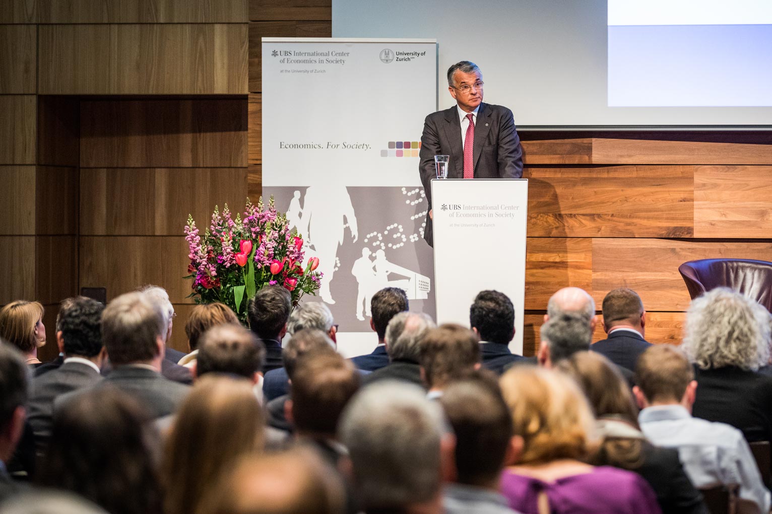 UBS Group CEO Sergio Ermotti delivering a keynote at the UBS Center Podium on the future of Swiss Finance.