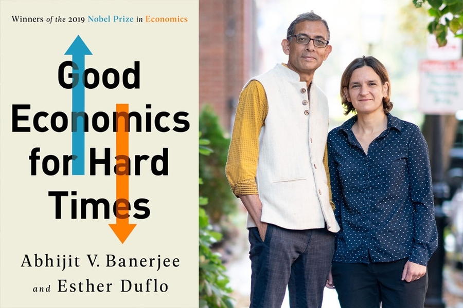 MIT economists Abhijit Banerjee and Esther Duflo and their new book, "Good Economics for Hard Times"; Image credit: Bryce Vickmark