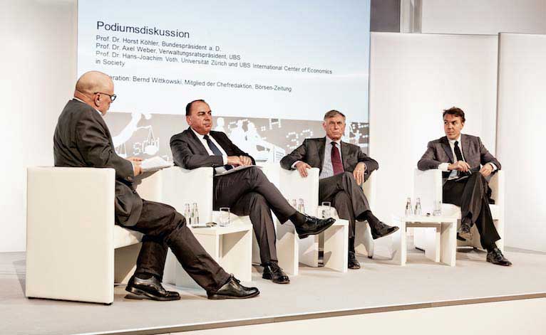 Panel discussion with Axel Weber, Horst Köhler, and Hans-Joachim Voth (from left)