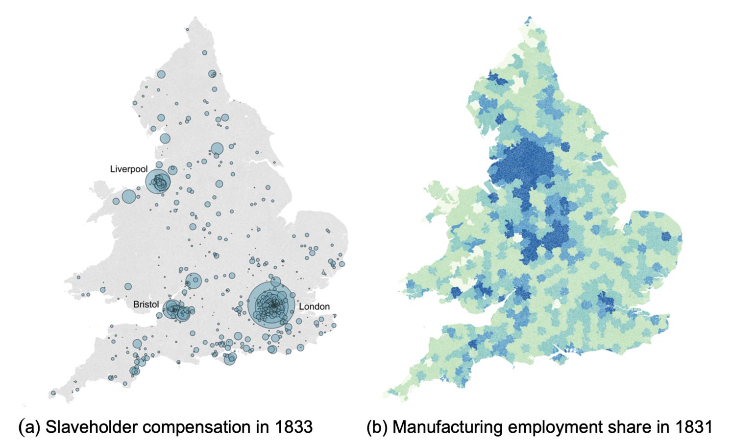 Figure 1: Slaveholding and structural transformation in the 1830s. (Left panel) Slaveholder compensation in each parish in 1833 pounds sterling; size of blue circles proportional to the total value of slaveholder compensation in each region. The largest three slave trading ports by enslaved persons embarked are labelled. (Right panel) Manufacturing employment share in each region in the 1831 census; darker blue colours correspond to higher values; lighter green colours correspond to lower values.